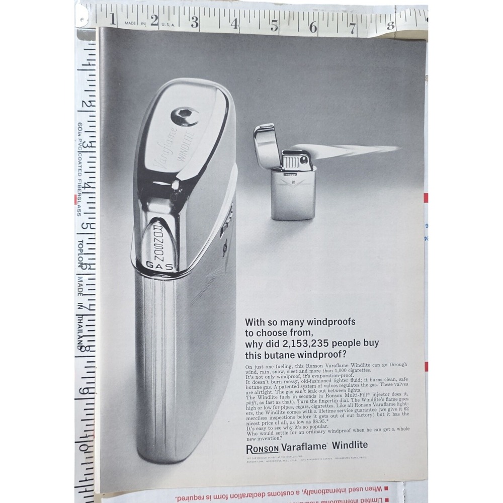 Vintage 1964 Ronson Varaflame Windlite Butane Lighter Advertisement Collectible